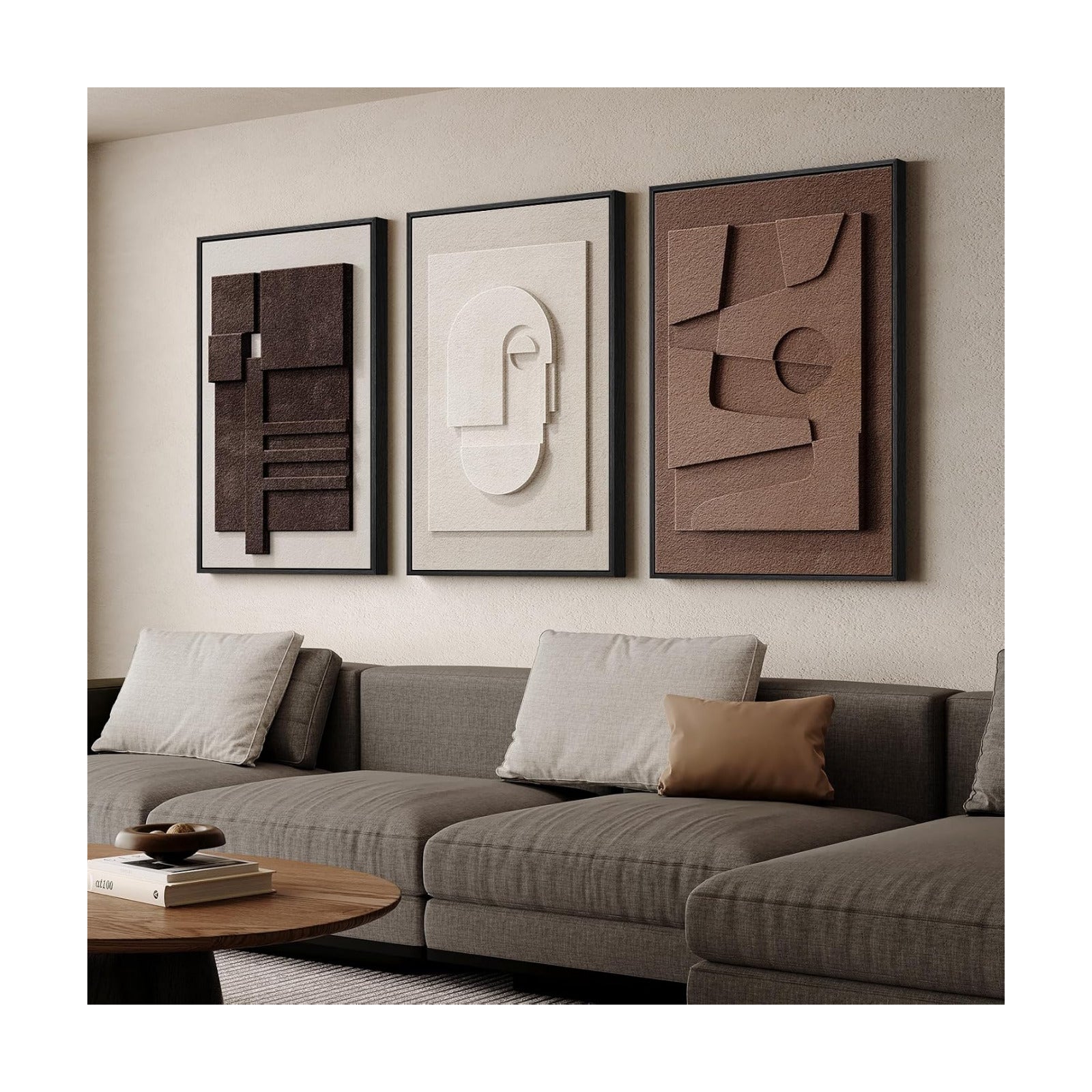 Large Framed 3D Wall Art for Living Room, Brown Abstract Art Wall Decor