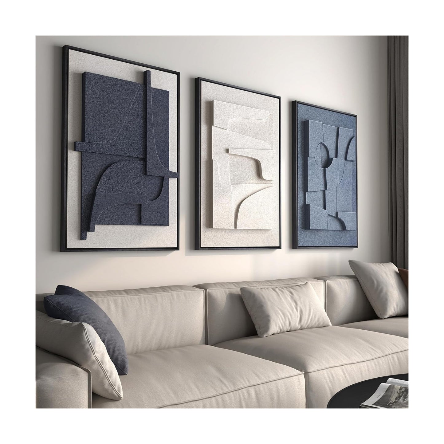 Large Framed Blue Abstract Wall Art for Living Room, Modern 3D Artwork