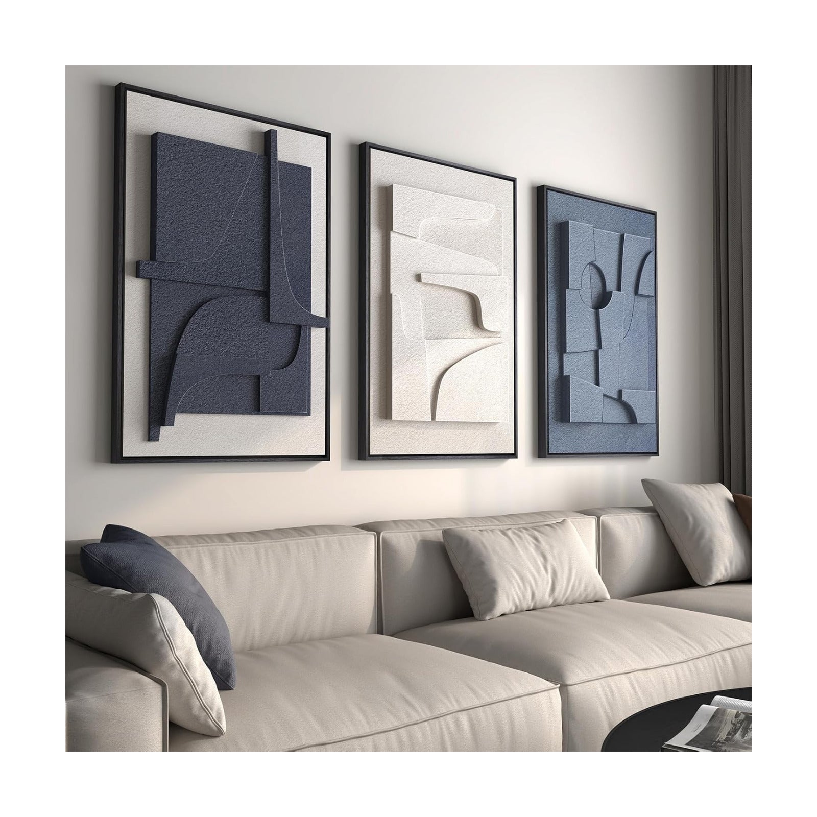 Large Framed Blue Abstract Wall Art for Living Room, Modern 3D Artwork