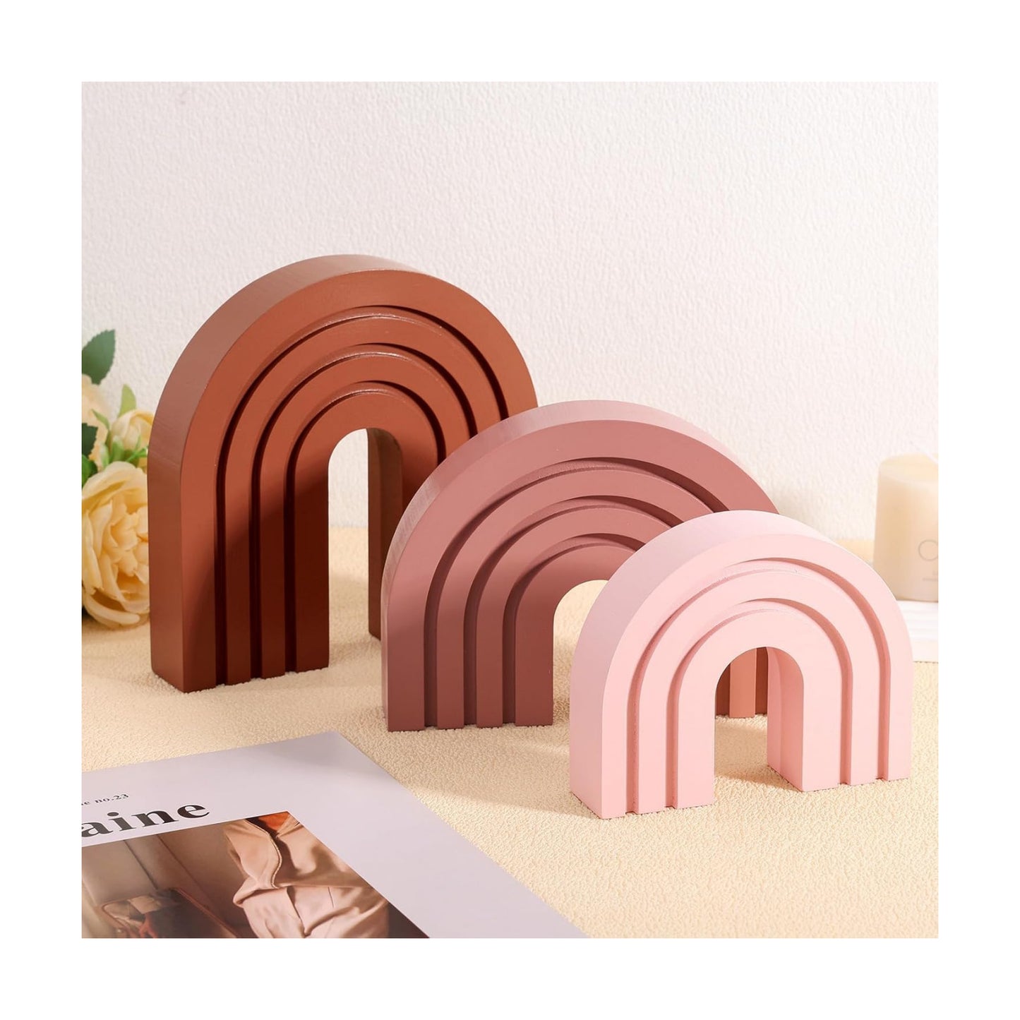 Boho Shelf Decor Wood Arch Rainbow Room Decor Modern Wooden Arch Decoration / Pink / Set of 3