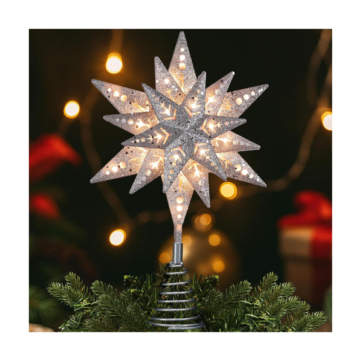ODEETRONIC 8 in Silver Glitter Snowflake Tree Topper with 25 Clear Lights