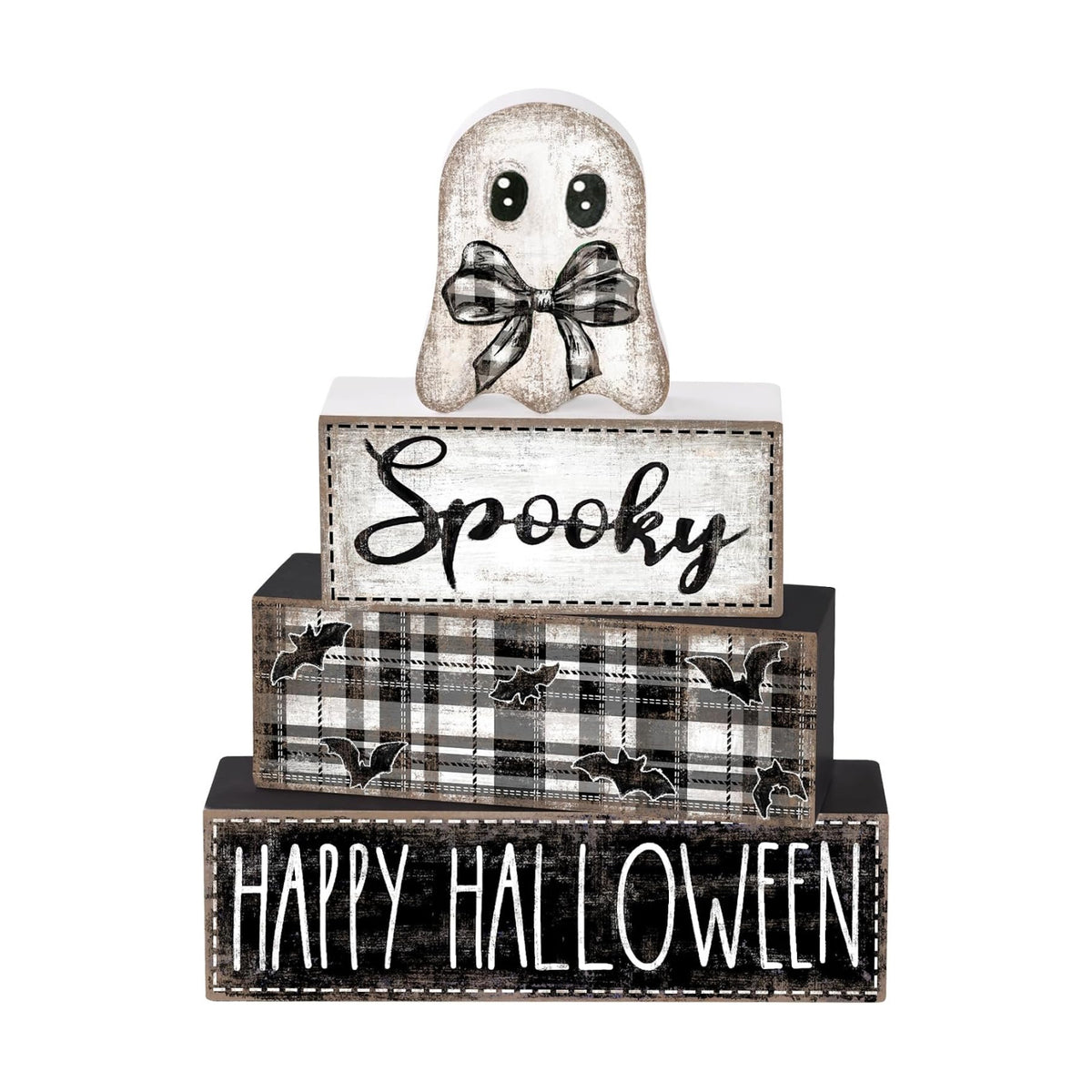 4Pcs Halloween Table Decoration Happy Halloween Ghost Wooden Block Sign