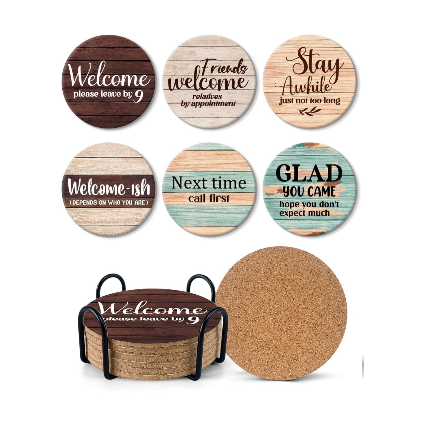 Holder / Funny Farmhouse Bar Cork Drink Coasters / Welcome Coasters / Set of 6