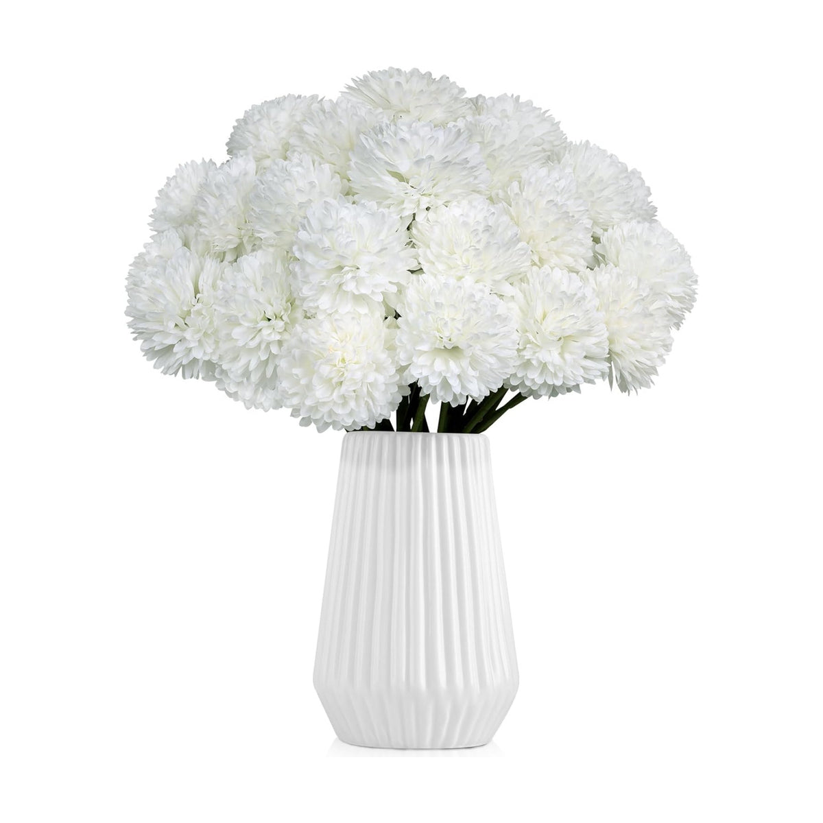 36 Pcs White Artificial Flowers Faux Ball Chrysanthemum Bouquet Silk Flowers Bridal Wedding Bouquet for Home Garden Party Office Coffee House Decoration (White)