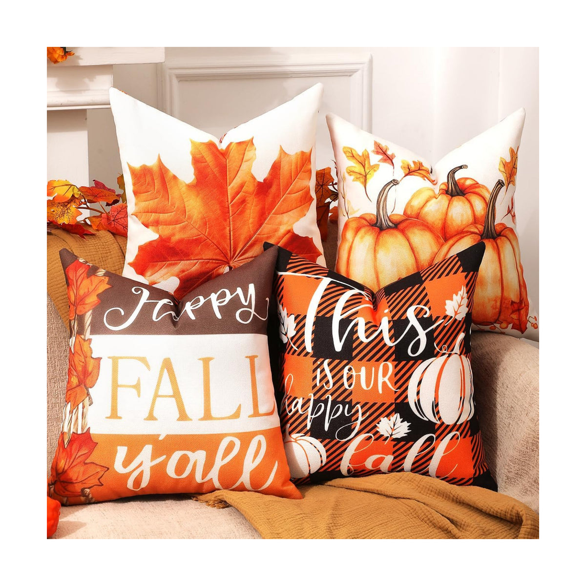 TOYPOPOR Fall Pillow Covers 16x16 4Pcs Double‑Sided Print Autumn Home Decor