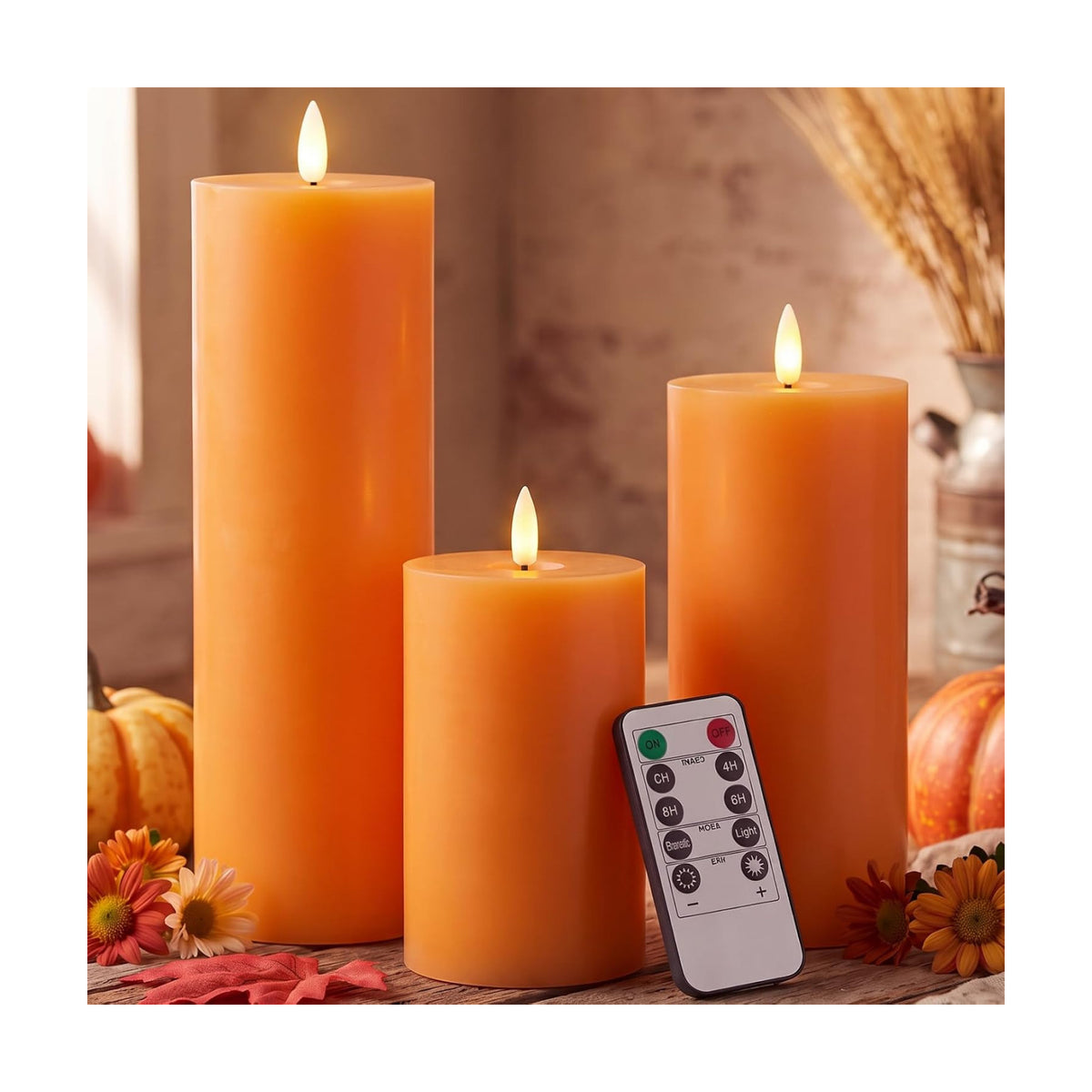 3 Pcs 6/8/12 Inches Orange Flameless LED Candles with Remote and 2/4/8h Timer Battery Operated Wax Flickering Candles
