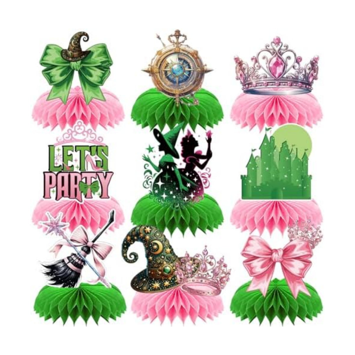 Witch Theme Party Table Decorations - Pink and Green Honeycomb Centerpieces for Movie Birthday Decor, Magical Witch Table Toppers and Party Supplies for Girls, Kids
