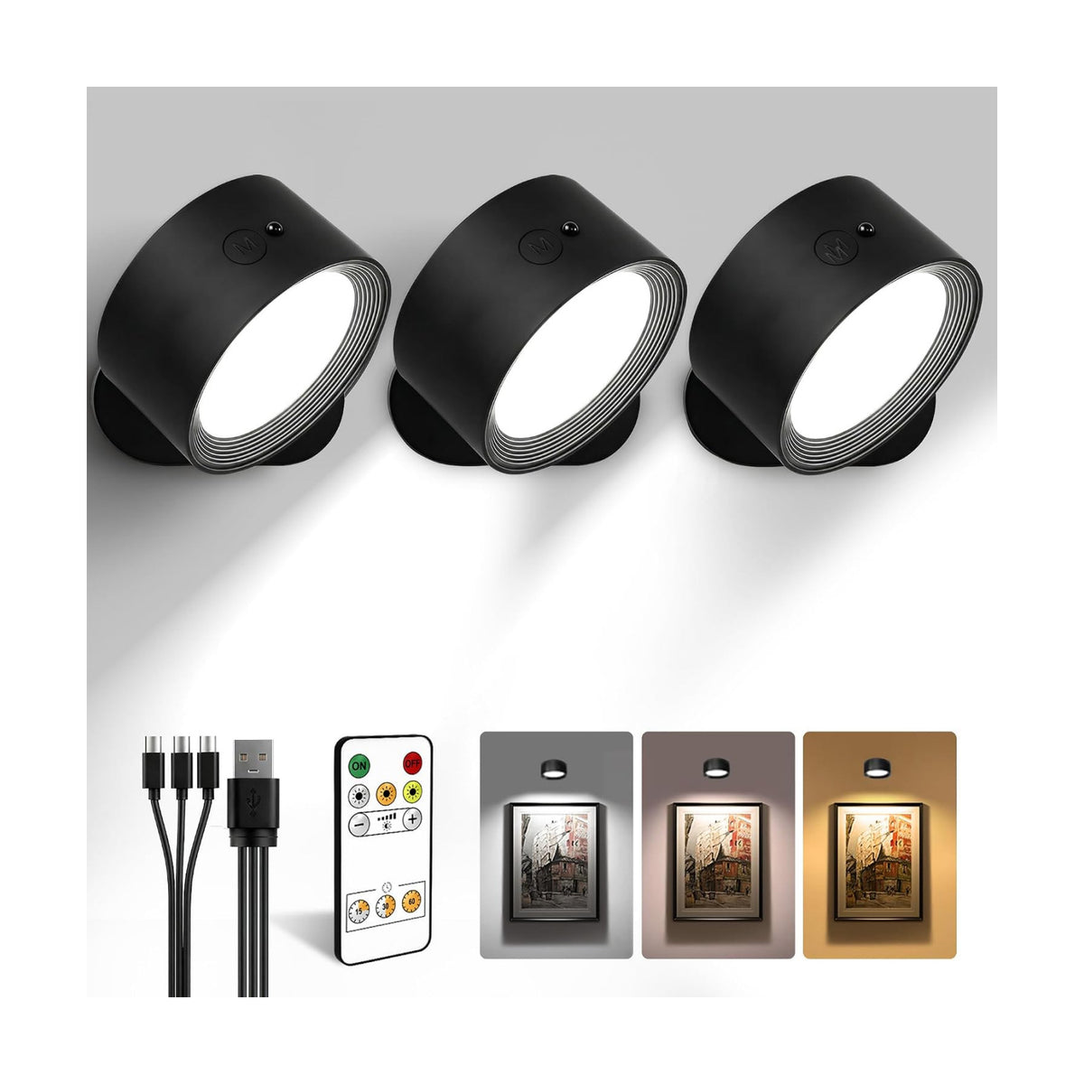 LED Wall Mounted Lights, Rechargeable Wall Sconces, 3 Color Temps, Remote & Touch, 360° Rotating and Dimmable for