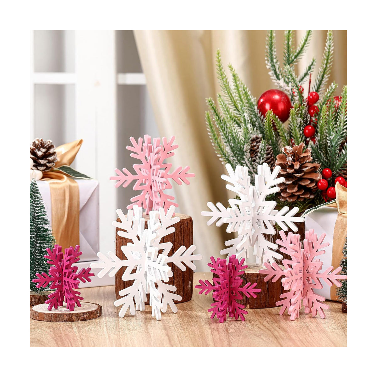 Bucherry 12 Pcs Wooden Snowflakes Table Decor,White, Pink, Rose Red
