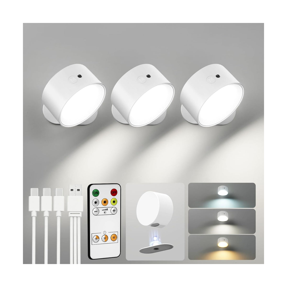 LED Wall Mounted Sconces, Rechargeable Wall Lights, White, 3 Pack | Cordless Design, 3 Color Temperatures, Dimmable