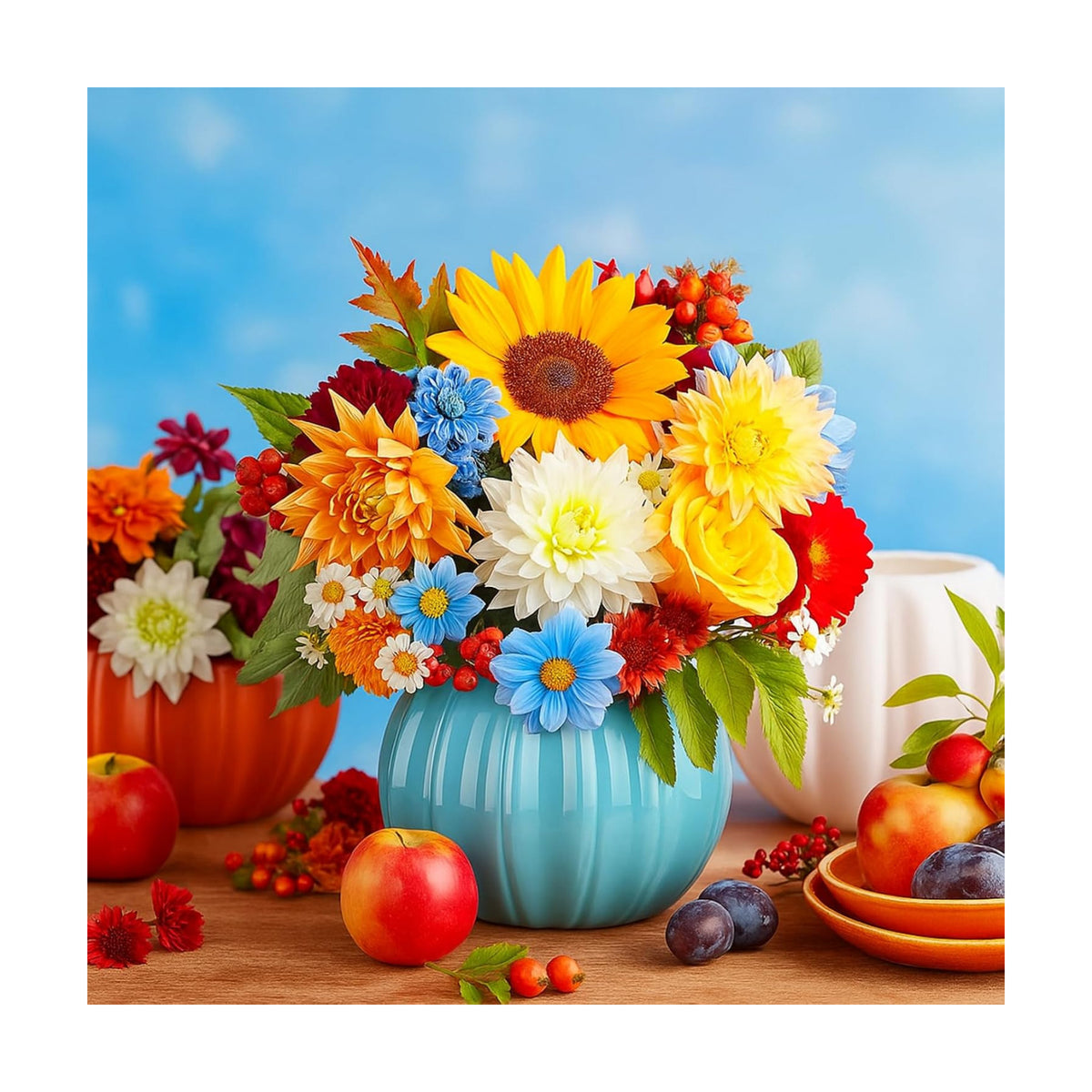 3 Pcs Ceramic Pumpkin Vase 5.5" White Orange Blue Pumpkin Decor Fall Vase