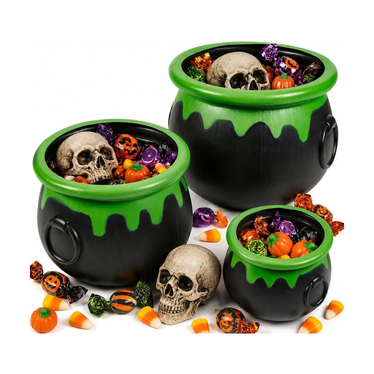 Fun Express 8" – 15" Black Plastic Cauldrons with Green Ooze Rim - 3 Pc.