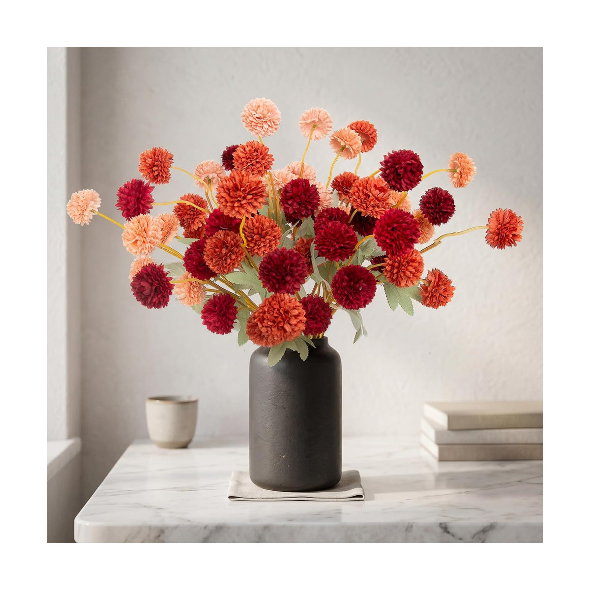 Hananona 12 Pcs Artificial Chrysanthemum Flowers, Orange Kiku Pom Pom Mums Flower Faux Fall Floral for Autumn Halloween Kitchen Table Centerpiece Home Decor (12, Burgundy, Burnt Orange, Deep Peach)