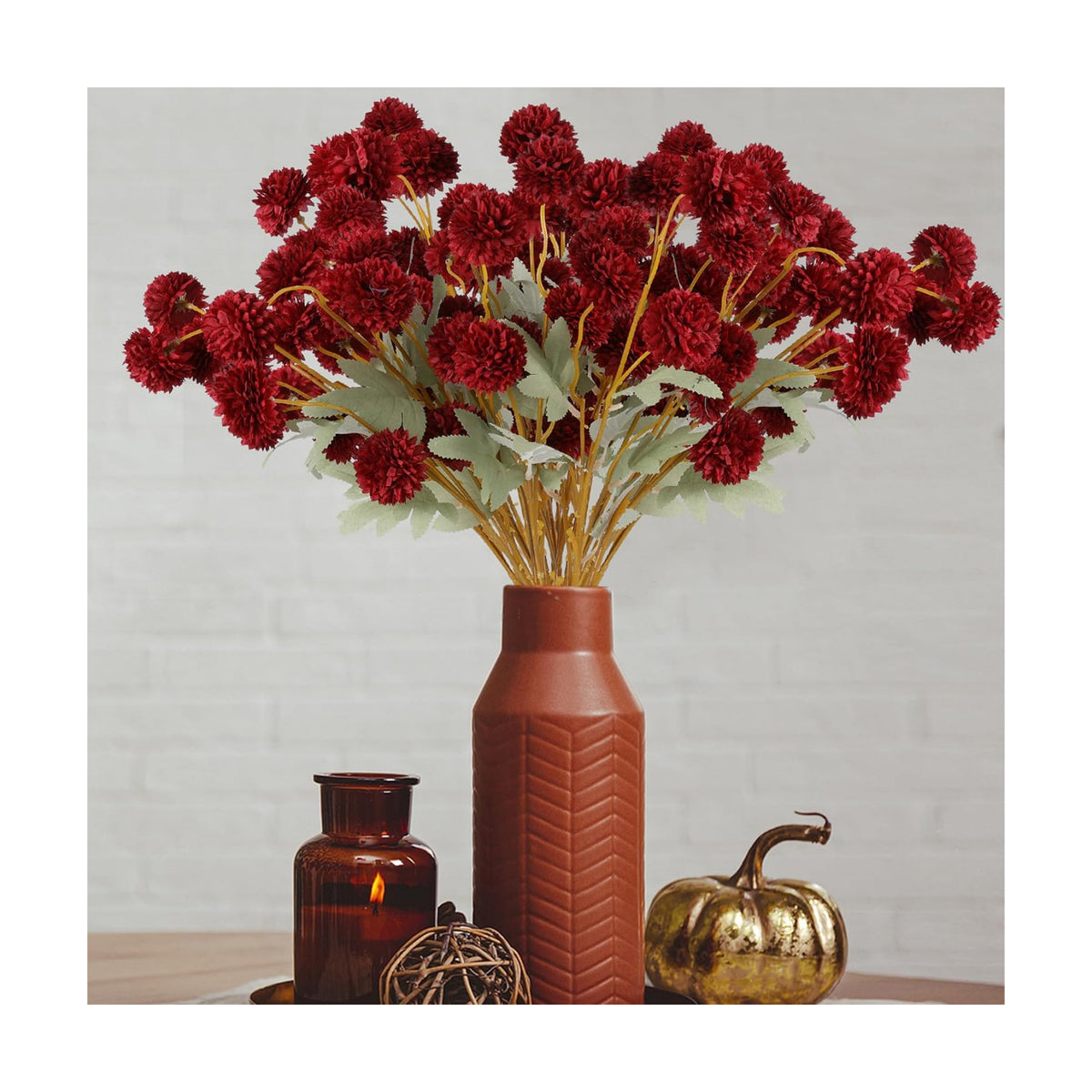 Hananona 12 Pcs Artificial Chrysanthemum Flowers, Red Kiku Pom Pom Mums Flower BurgundyFaux Floral Arrangements Wedding Centerpiece for Fall Autumn Home Kitchen Decor (12, Burgundy)
