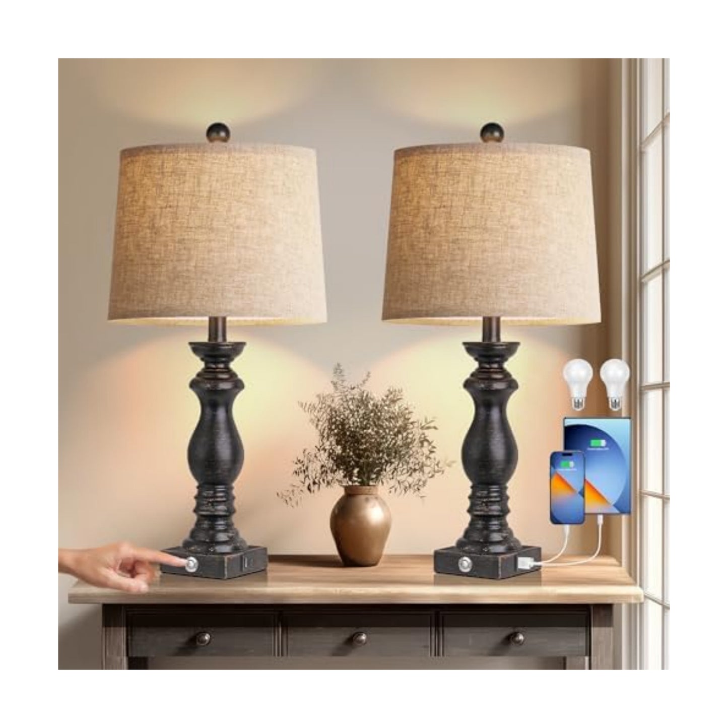 24.5" Table Lamp Set of 2, Rustic Farmhouse Bedside Lamps with USB A+C Charging Ports, 3-Way Dimmable Touch Control