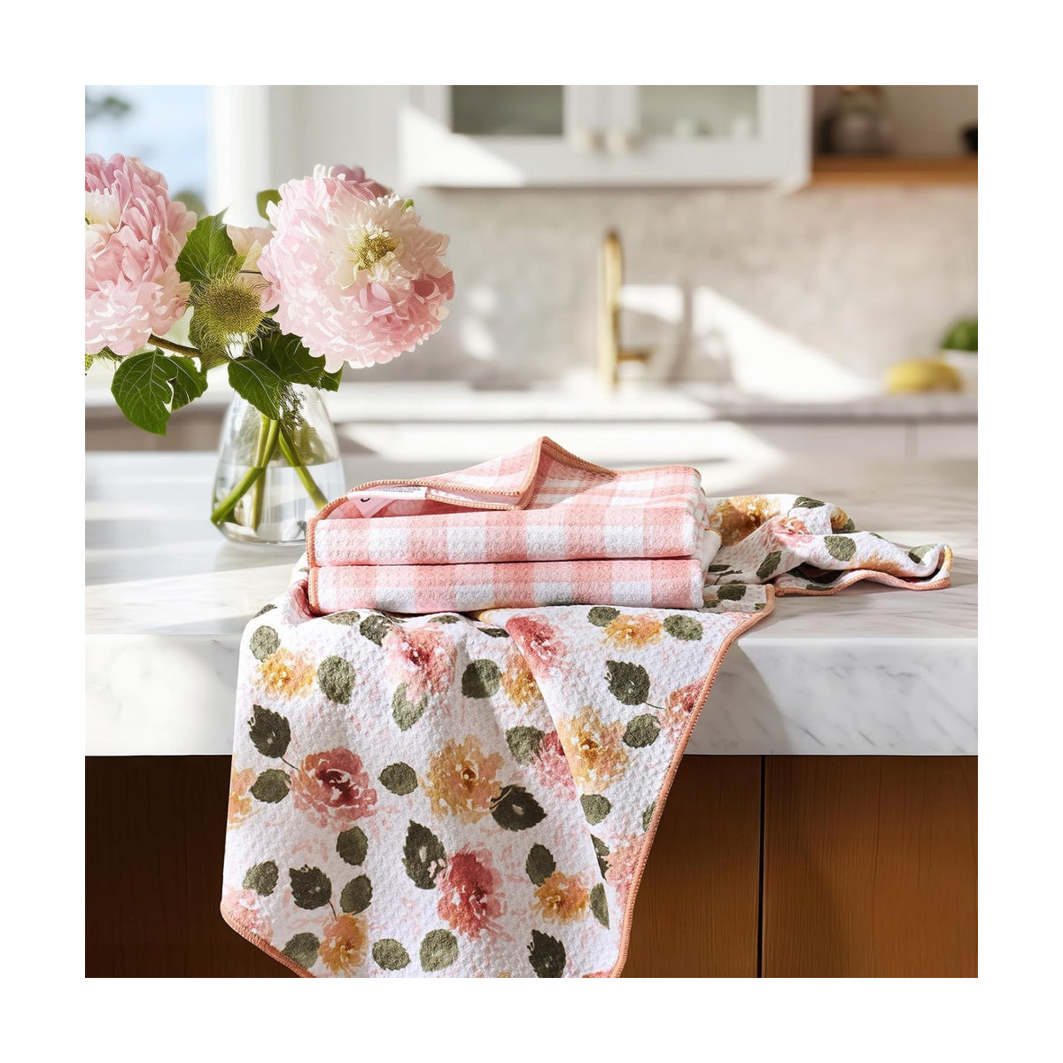 RECYCO Waffle Kitchen Towel Set of 2 - Quick Dry Microfiber Sustainable Dish Towels - Absorbent Reusable Cleaning Tea Towels - Lightweight Hand Towels,16”x 28”, Rose Plaid