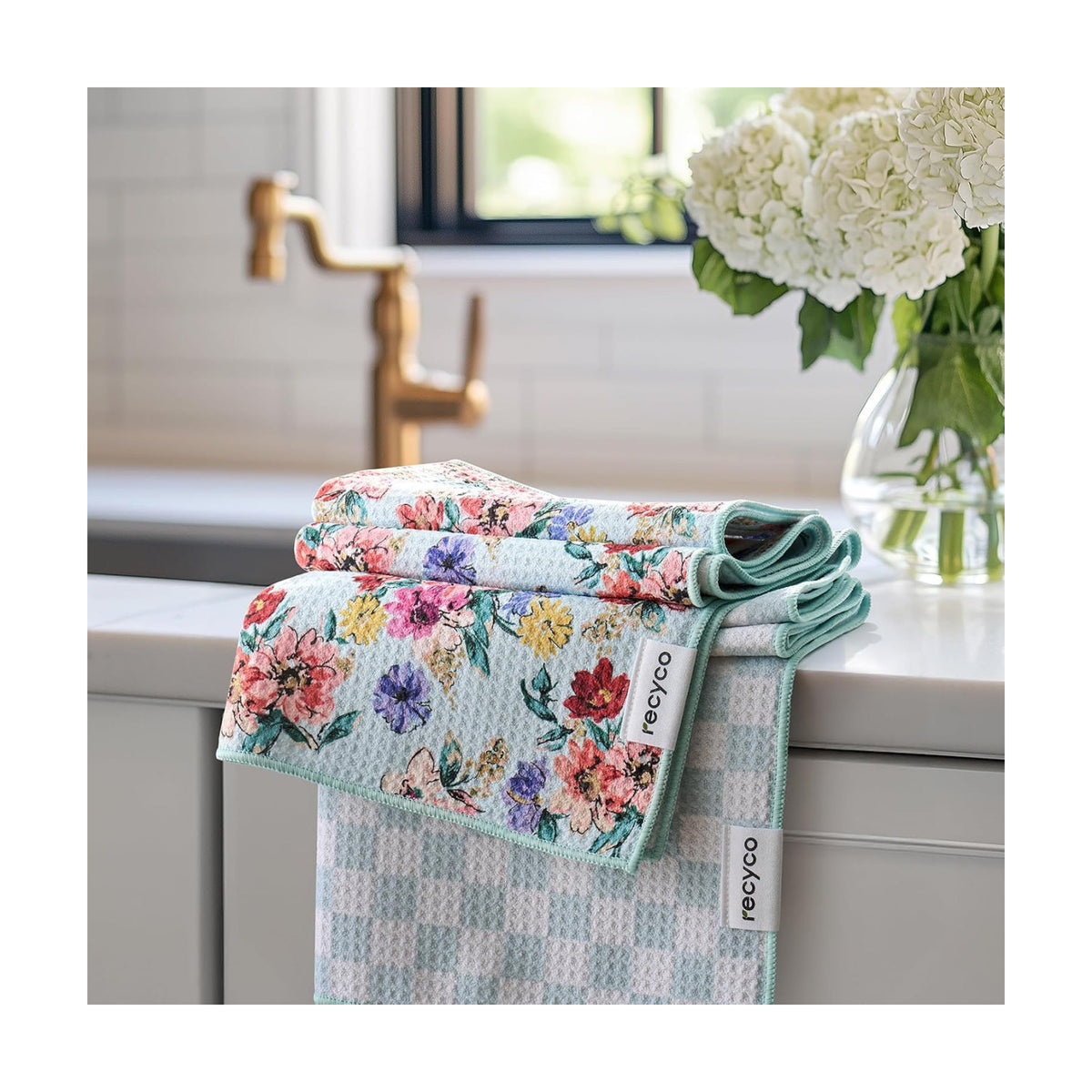 RECYCO Waffle Kitchen Towel Set of 2 - Quick Dry Microfiber Sustainable Dish Towels - Absorbent Reusable Cleaning Tea Towels - Lightweight Hand Towels,16”x 28”, Cuckoo Checker