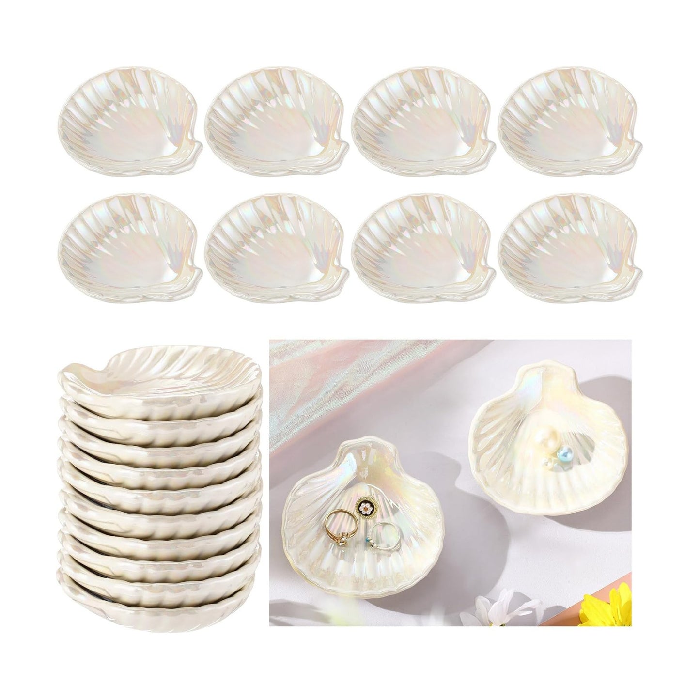 Shell Ring Dish Ceramic Jewelry Trinket Dish Tray Seashell Ring Key Holder Bowl / White / Set of 8