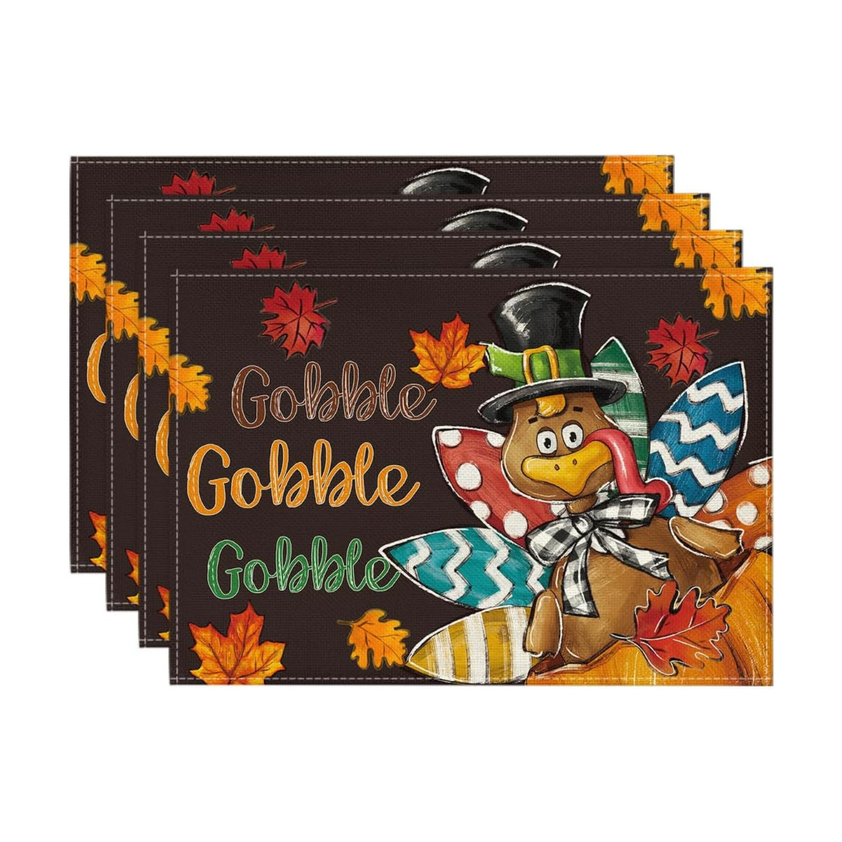 Artoid Mode Black Gobble Turkey Maple Leaves Thanksgiving Placemats Set of 4, 12x18 Inch Fall Harvest Table Mats for Party Kitchen Dining Decoration