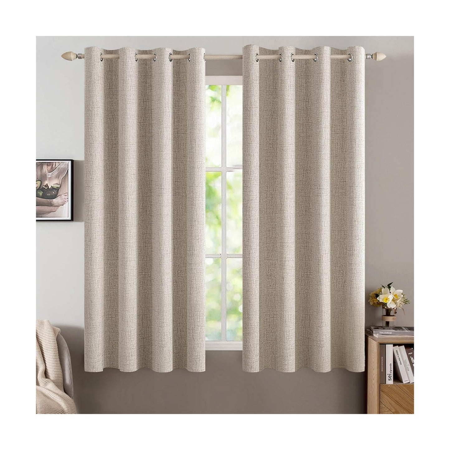 MIULEE 100% Blackout Linen Curtains for Bedroom 52x45 Inches Natural