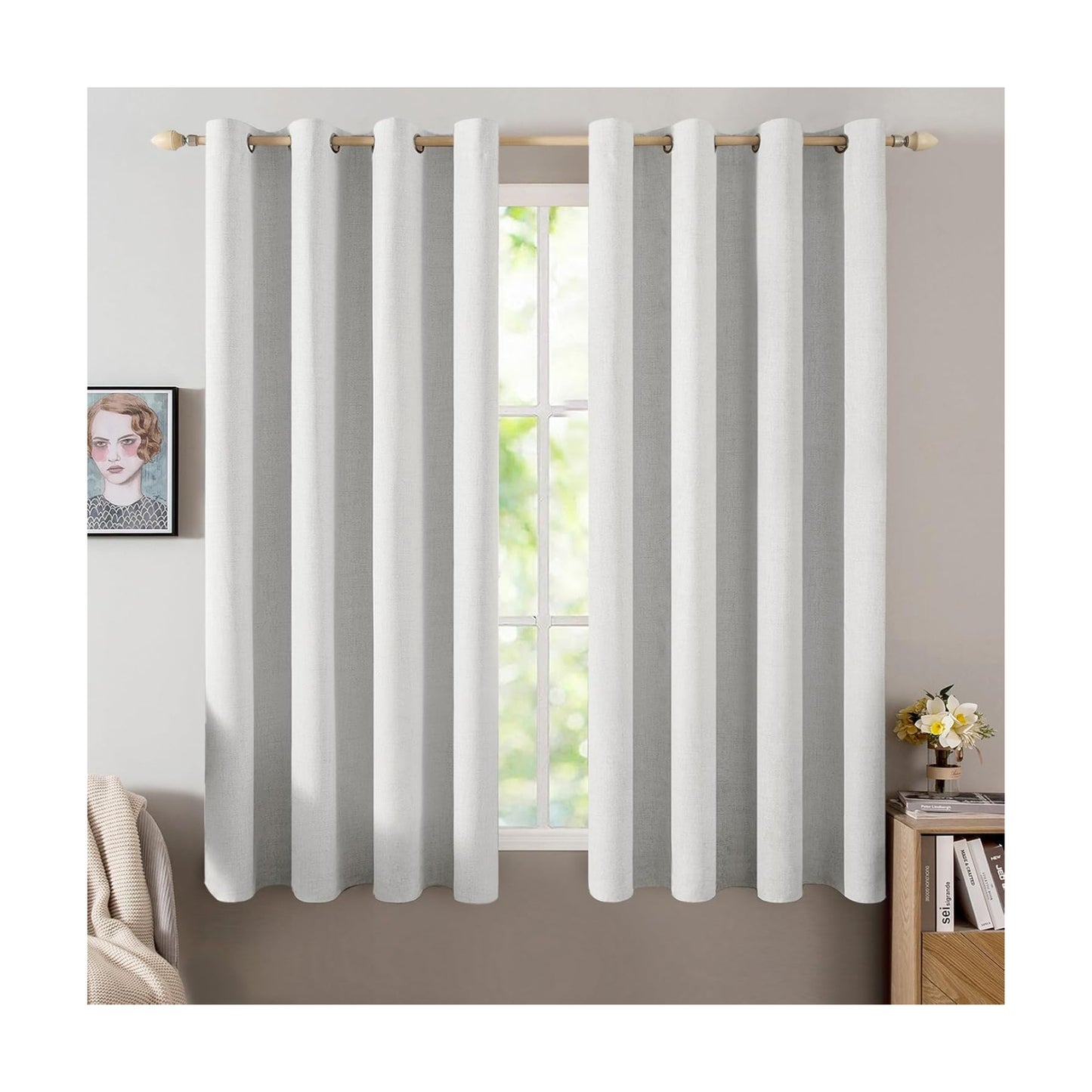 MIULEE 100% Blackout Linen Curtains for Bedroom 52x45 Inch Heathered White