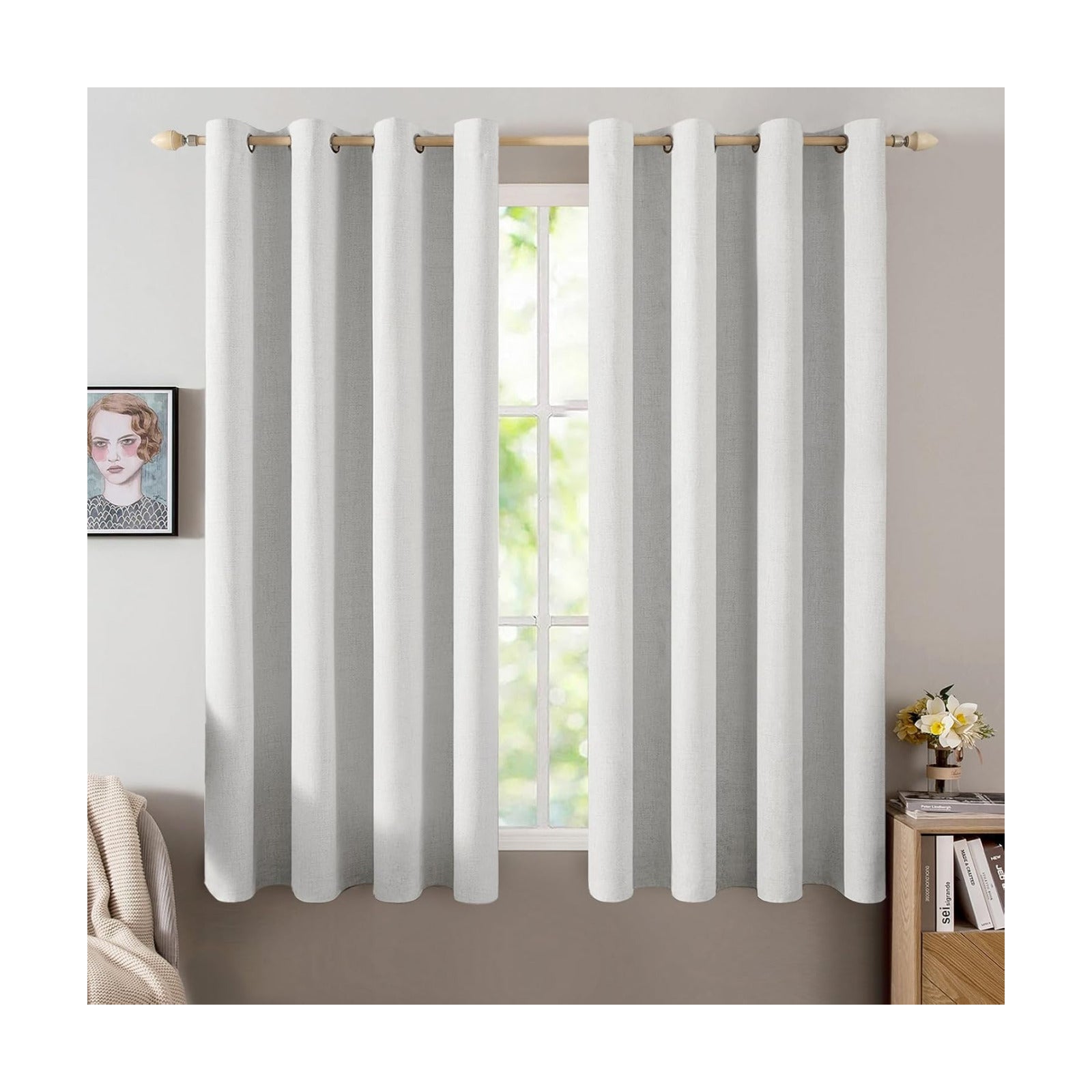 MIULEE 100% Blackout Linen Curtains for Bedroom 52x45 Inch Heathered White