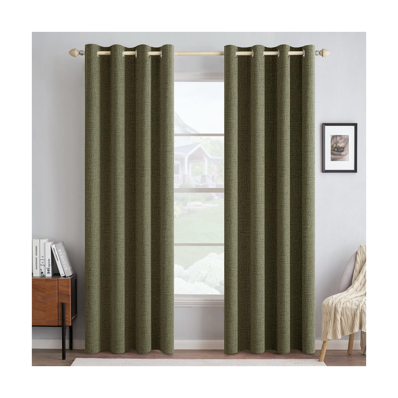 MIULEE 100% Blackout Linen Curtains for Bedroom 52x84 Light Olive Green