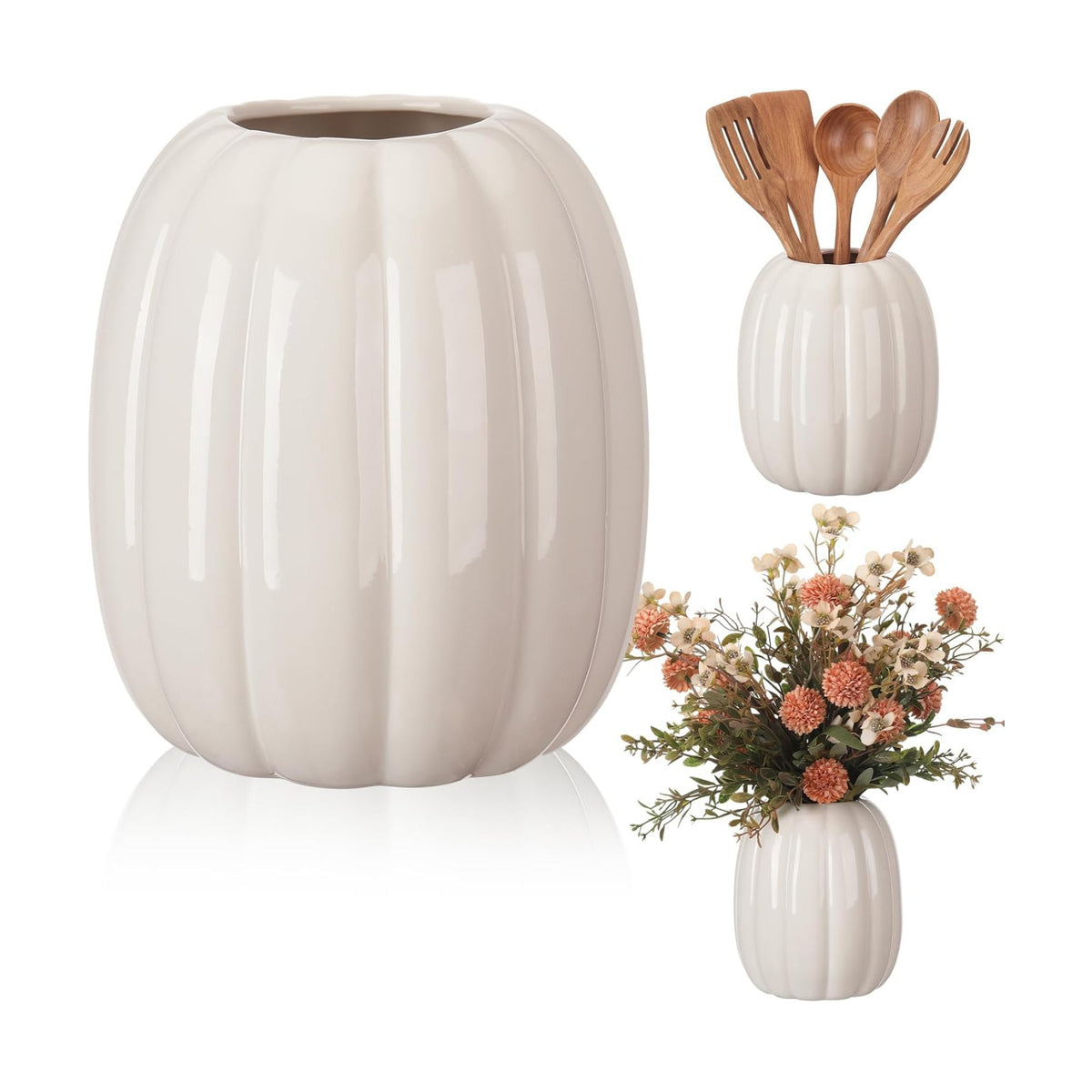 Beeveer 6.7 Inch Ceramic Pumpkin Vase, Large White Pumpkin Utensil Holder