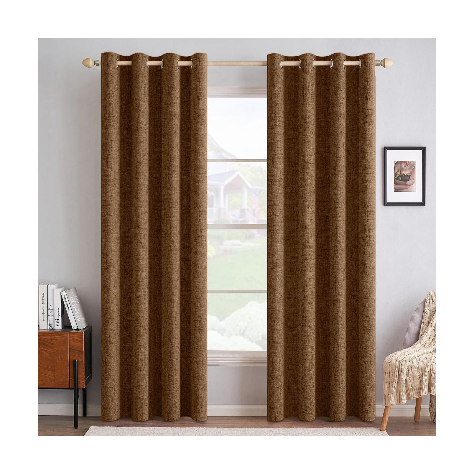 MIULEE 100% Blackout Linen Curtains for Bedroom 52x84 Inches Brown