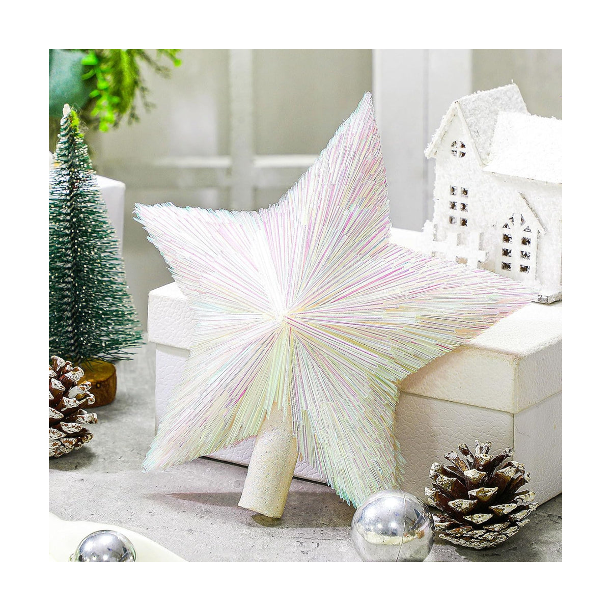 Threehoney 8.3 Inch Christmas Star Tree Topper Glitter Decor,Colorful White