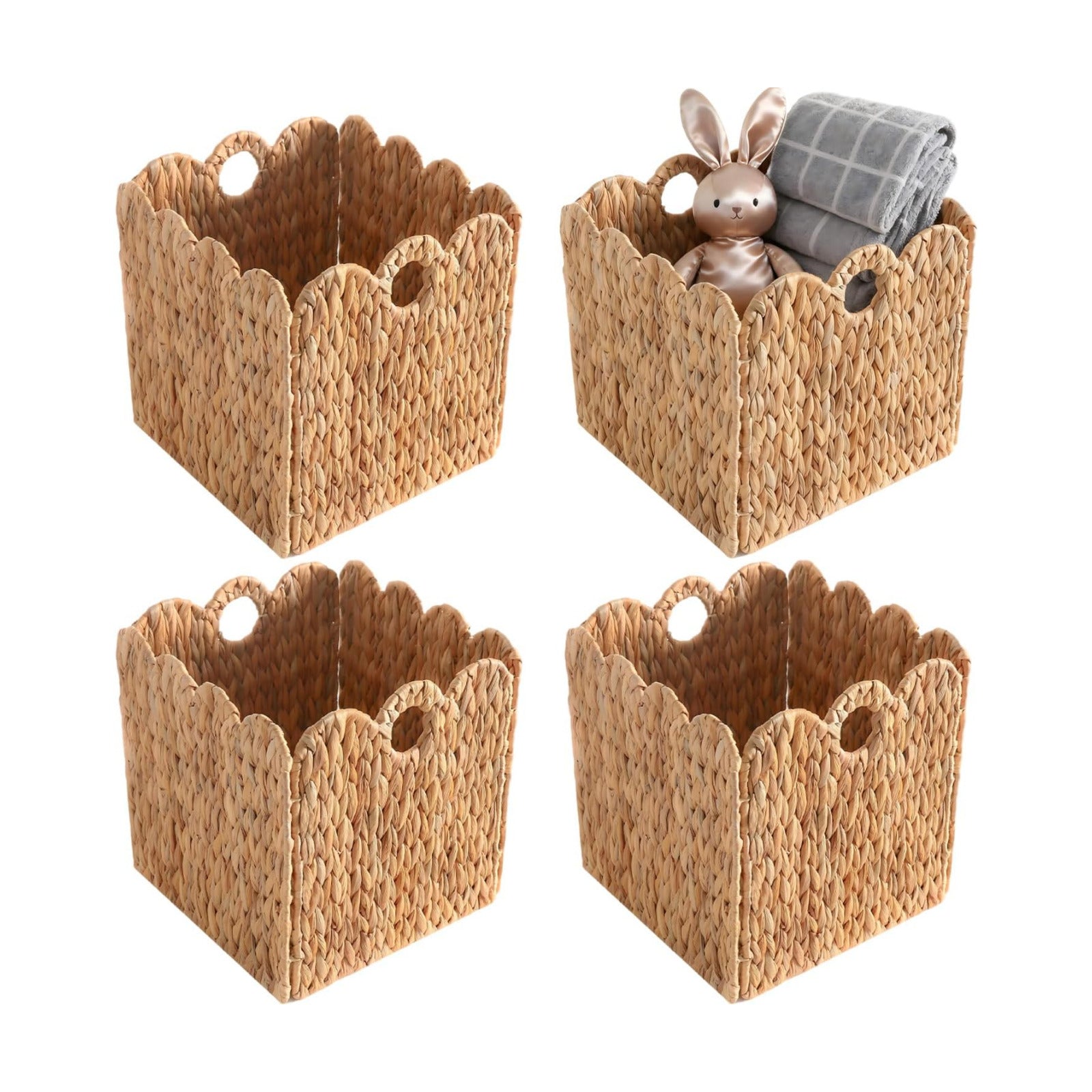 Scalloped Wicker Storage Cubes Basket / Light Beige / 12 x 12 x 12 / In&4-pack / Set of 4