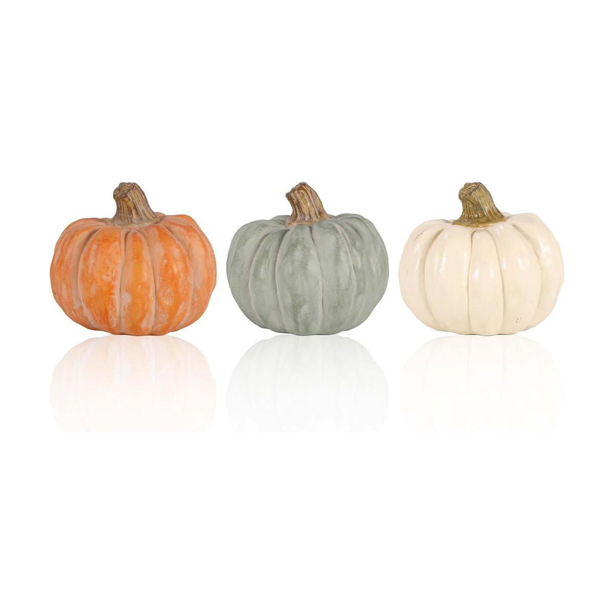GoGnome Set of 3 Decorative Pumpkins – Resin Fall Harvest Décor in White, Sage Green & Orange, Rustic Autumn Table Centerpiece for Thanksgiving Farmhouse Home Decoration (White)