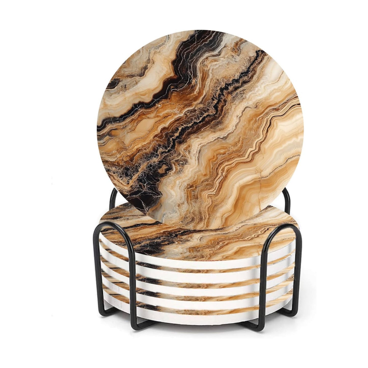 Metal Holder / Dark Brown Mixed Wave Marble / Set of 6