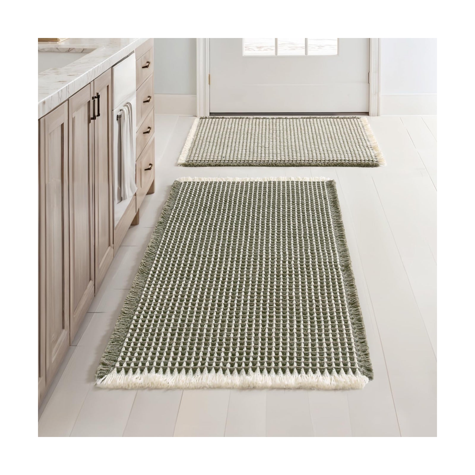 MIULEE Set of 2 Waffle Bathroom Rugs Green&Cream Bath Mat 17"x24"+18"x30"