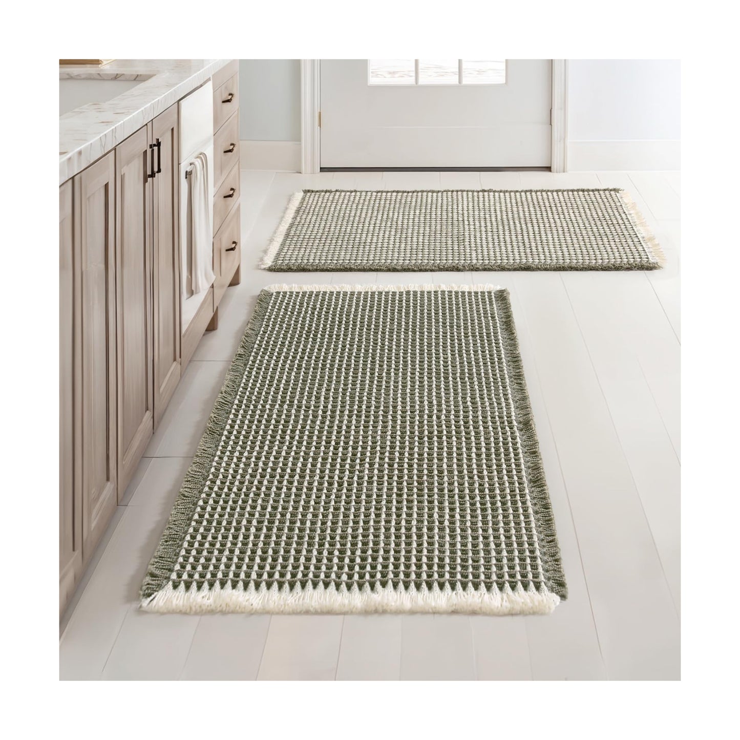 MIULEE Set of 2 Waffle Bathroom Rugs Boho Bath Mat Green&Cream 18x30 Inch