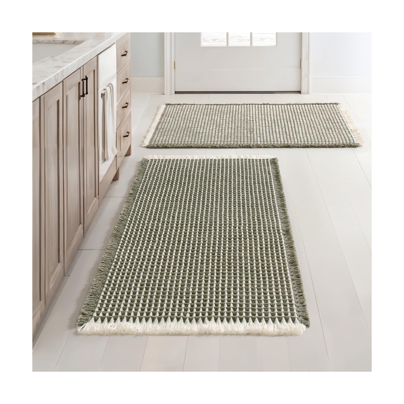MIULEE Set of 2 Waffle Bathroom Rugs Boho Bath Mat Green&Cream 18x30 Inch