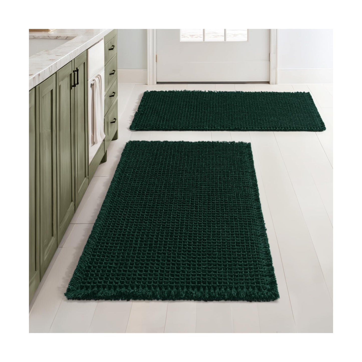 MIULEE Set of 2 Waffle Bathroom Rugs Boho Bath Mat Dark Green 18x30 Inch