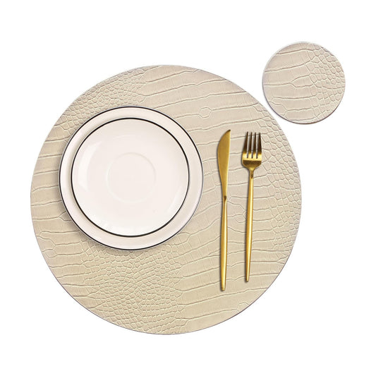 Jovono Round Leather Placemats for Round Tables Set of 8, Beige Place Mats and Coasters, Wipeable Waterproof Heat