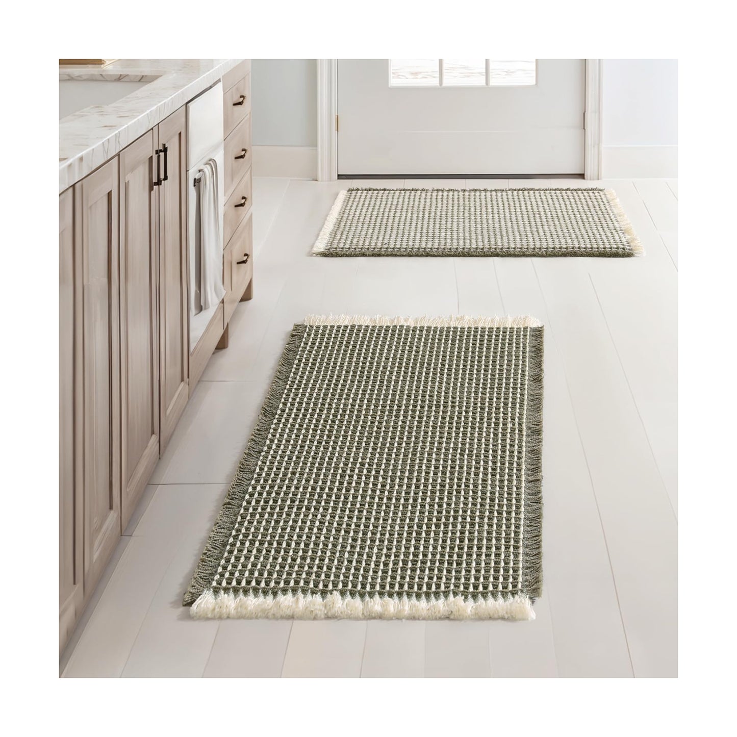 MIULEE Set of 2 Waffle Bathroom Rugs Boho Bath Mat Green&Cream 17x24 Inch