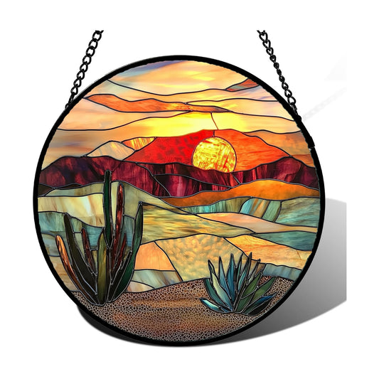 Desert Cactus Stained Glass Window Hanging Suncatcher Gifts for Women 6.3"