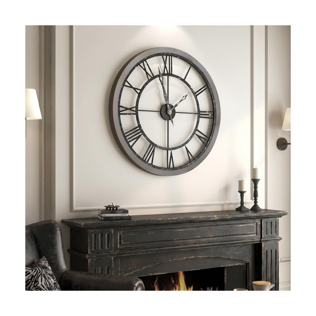 Cuspin 30 Inch Large Wall Clock Rustic Industrial Wood Frame Roman Numeral | Battery operated, Silent non ticking