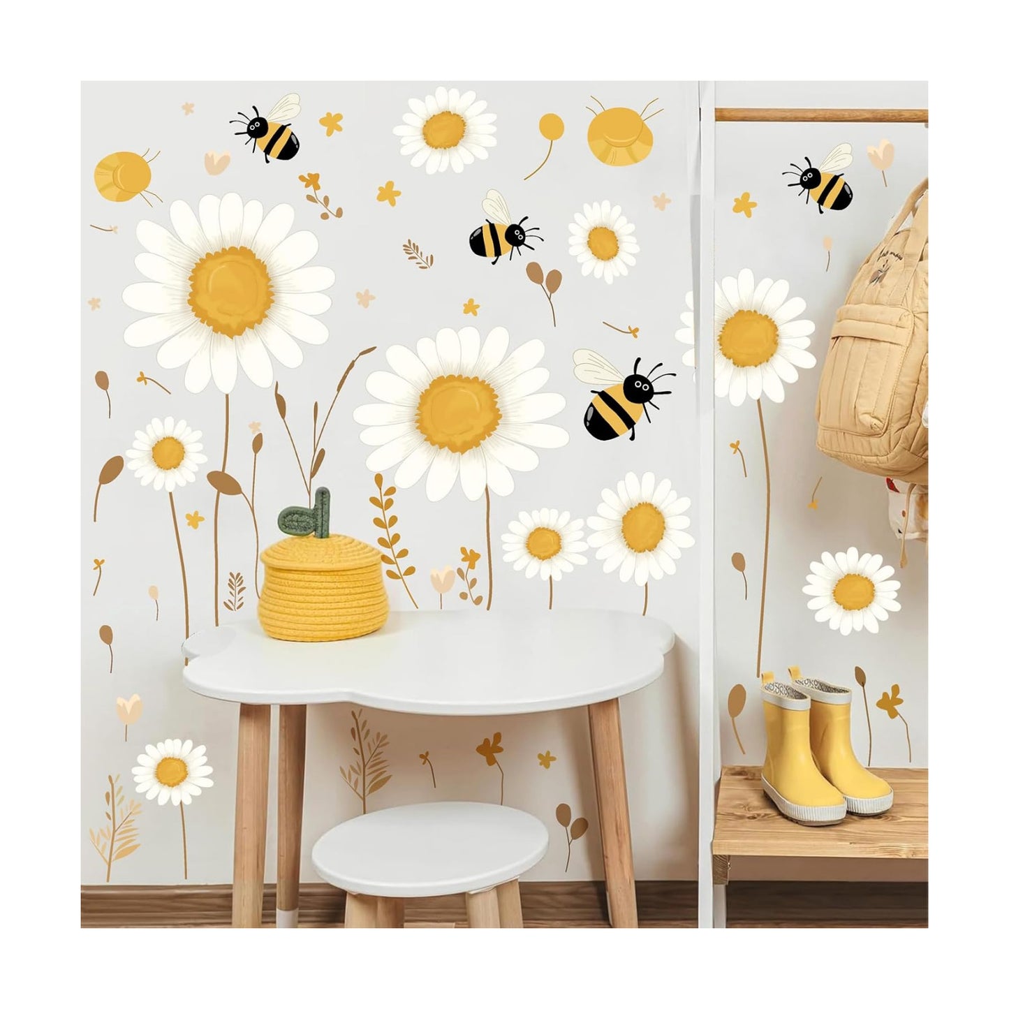 Daisy Floral Wall Stickers Boho Daisy Flower Vinyl Wall Decor for Baby Kids Bedroom / White&yellow