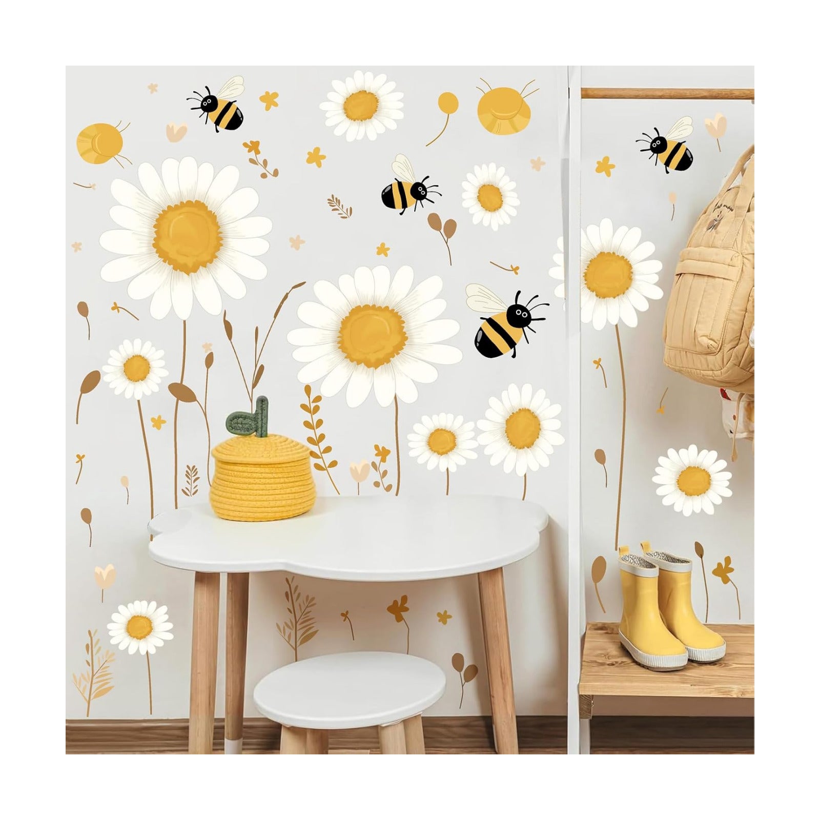 Daisy Floral Wall Stickers Boho Daisy Flower Vinyl Wall Decor for Baby Kids Bedroom / White&yellow