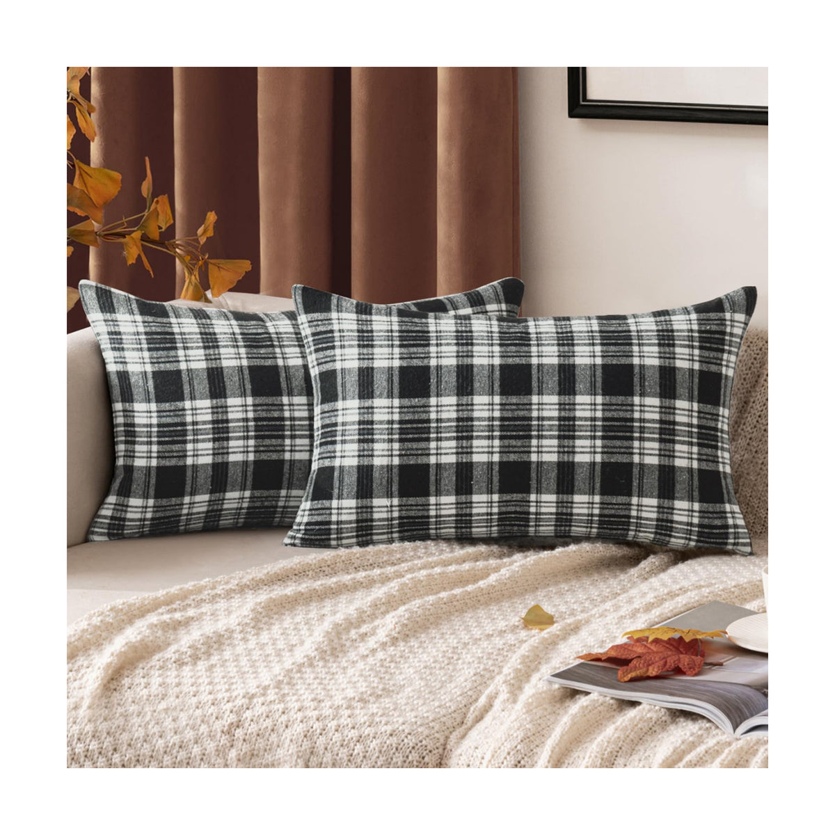 MIULEE Halloween Plaid Pillow Covers Scottish Tartan 12x20 Black and White