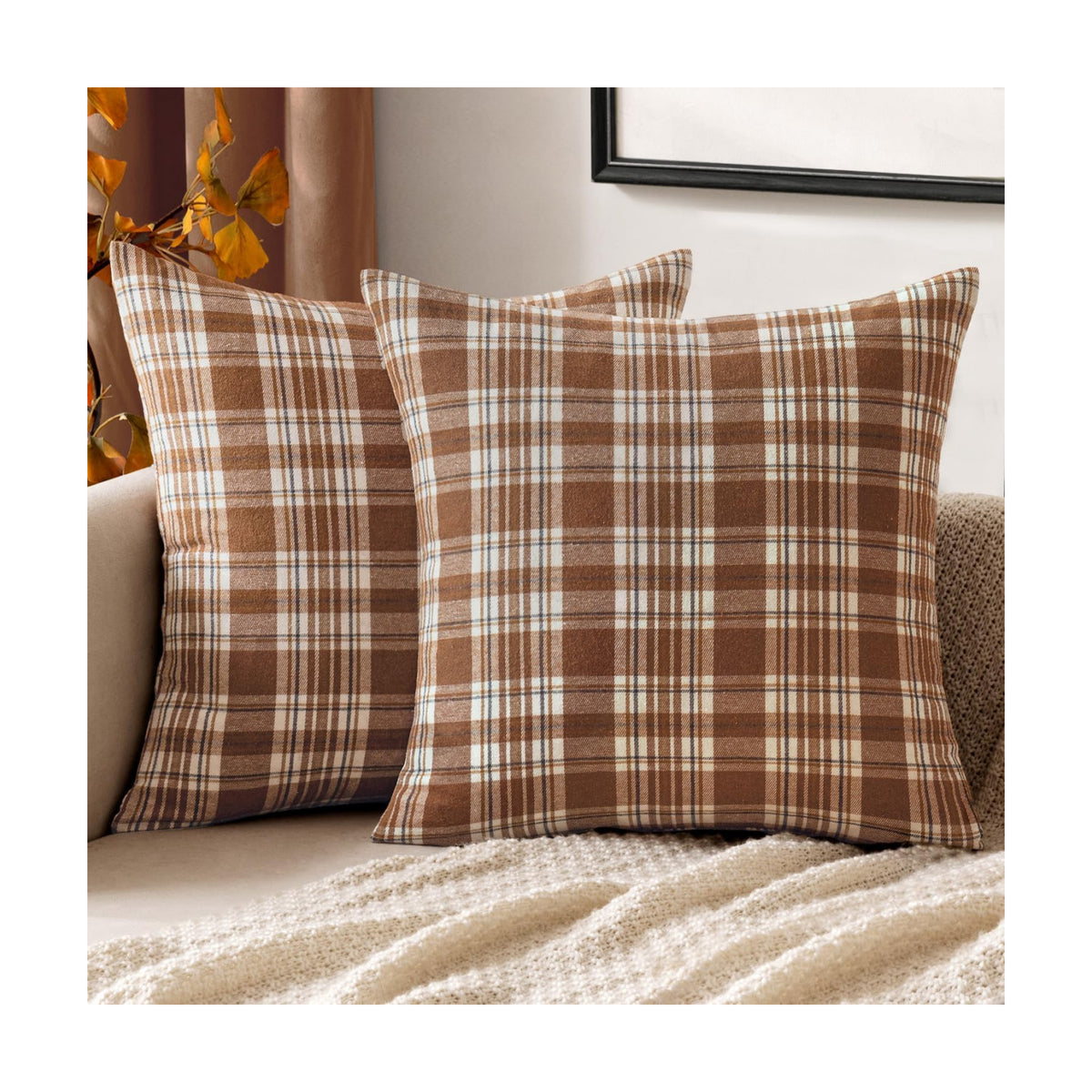 MIULEE Fall Plaid Pillow Covers Scottish Tartan 20x20 Brown