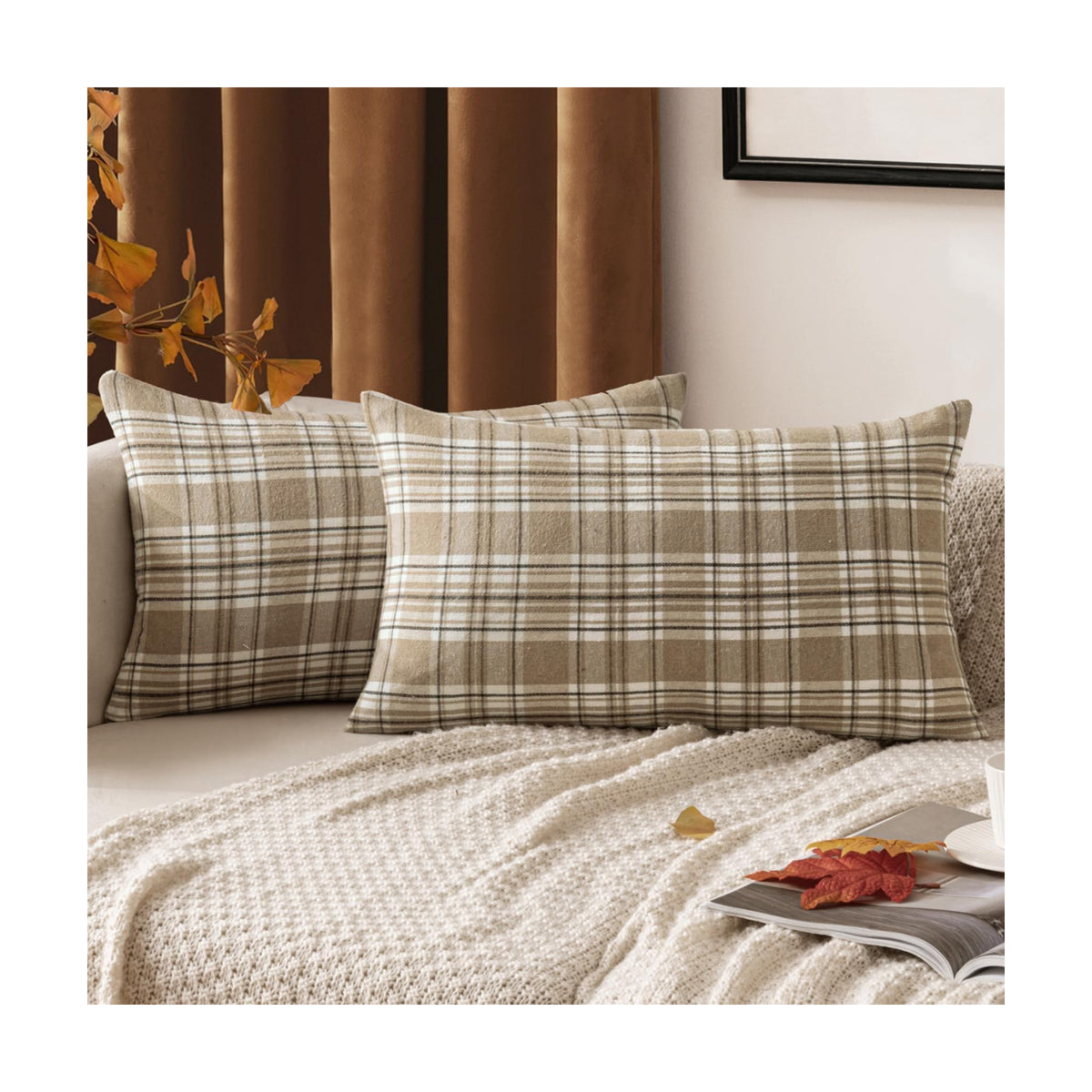 MIULEE Fall Plaid Pillow Covers Scottish Tartan 12x20 Neutral Khaki