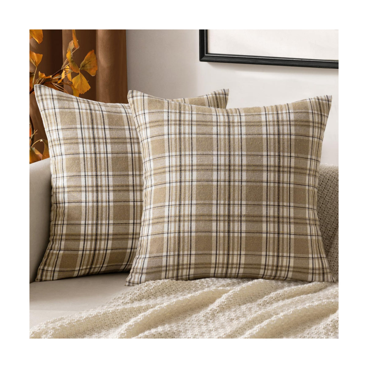 MIULEE Fall Plaid Pillow Covers Scottish Tartan 16x16 Neutral Khaki