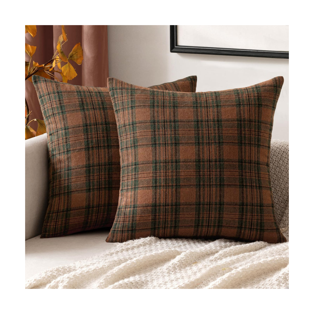 MIULEE Fall Plaid Pillow Covers Scottish Tartan 18x18 Terracotta Brown