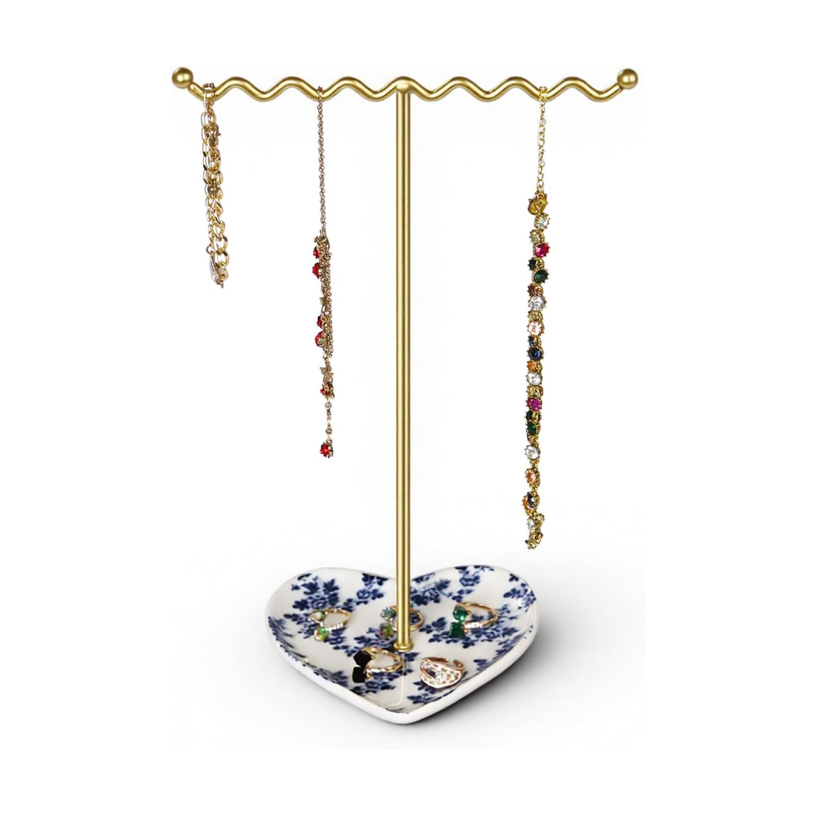 Ceramic Tray / Metal Necklace Holder Organizer for Rings Bracelets Earrings / Blue & White