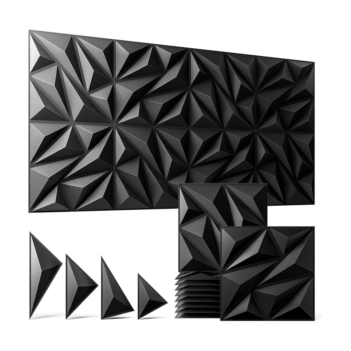 3D Wall Panels Black 16 Pack (Covers 15.5 Sq.Ft), 12" x 12" Diamond Texture Premium PVC Wall Tiles for Interior Decor